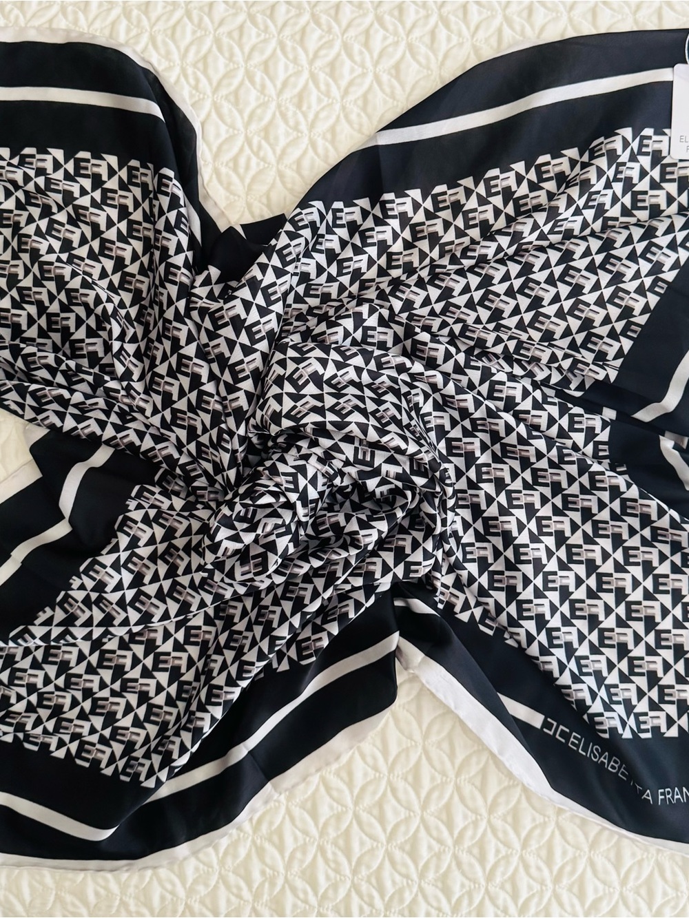 Elisabetta Franchi Black & White Logo Silk Scarf